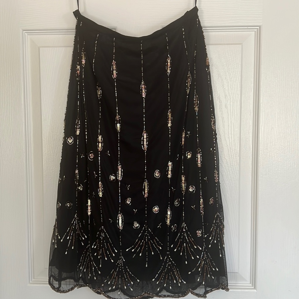 Vintage French style high waist Black goldbeaded sequined formal skirt waist 26”